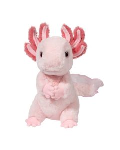 Sitzendes Stofftier Axolotl aus rosafarbenem Plüsch mit federartigen Kiemen in einem kräftigen Rosa-Rot Ton.