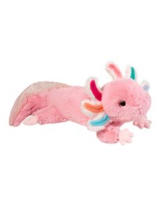 Liegendes Axolotl Jazzie von Douglas Cuddle Toys aus Plüsch in Rosa mit Kiemen in Regenbogen-Farben.