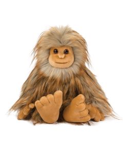 Kuscheltier Bigfoot Plüschfigur mit langen braun-beigem Fell, sitzende Pose.
