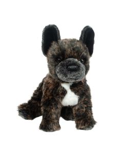 Kuscheltier Französische Bulldogge mit braun gestromtem Fell und einem weißen Abzeichen auf der Brust, in sitzender Körperhaltung.