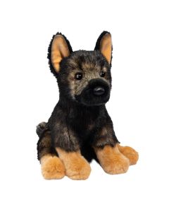 Plüschtier Deutscher Schäferhund in sitzender Pose mit schwarzem Fell und hellbrauner Fäfbung an Pfoten und Ohren.