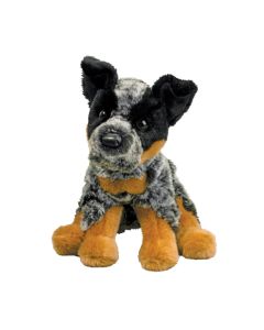 Sitzender Australian Cattle Dog Plüschhund Dexter mit grau-schwarz-braunem Fell und naturgetreuen Details