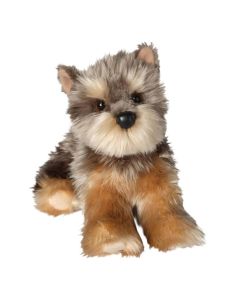 Kuscheltier Yorkshire Terrier Hund Yettie Yorkie von Douglas Cuddle Toys mit wuscheligem glänzenden Fell in der Farbkombi Silbergrau und hellem Goldbraun.