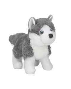 Kleiner Kuscheltier Husky Nikita von der Marke Douglas Cuddle Toys mit grau-weißem Fell und hellblauen Augen, stehende Haltun.