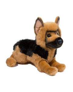 Douglas Cuddle Toys Deutscher Schäferhund General mit schwarz-braunem Fell, liegende Haltung.