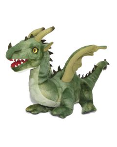 Kuscheltier Drache in Grün von Uni-Toys mit Schuppenmuster, aufgestellten Flügeln, geöffnetem Maul. Stehend auf allen vier Beinen.