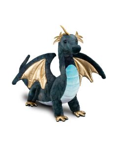 Kuscheltier Drache Aragon von Douglas Cuddle Toys aus dunkelblauem Plüsch mit Schuppenstruktur, türkisfarbene Details entlang der Unterseite sowie goldene Details an Kamm, Flügeln und Füßen.