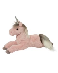 Liegendes Plüschtier Einhorn Esme von Douglas Cuddle Toys in einem pastelligem Rosa mit grau-weißer Mähne und Schweif, spiralförmiges silberfarbenes Horn.