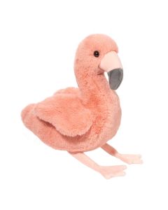 Kuscheltier Flamingo Leggie von Douglas Cuddle Toys aus weichem Plüsch in Lachsroa und grauer Schnabelspitze, in sitzender Pose.