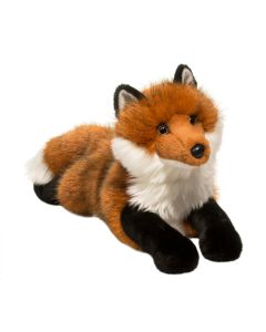Liegender Kuscheltier Fuchs Fletcher von Douglas Cuddle Toys  mit rotbraunem Fell mit weißer Brust und schwarzen Beinen.