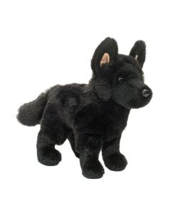 Kleiner Plüschtier Hund in Schwarz der Hunderasse Deutscher Schäferhund, stehende Pose.