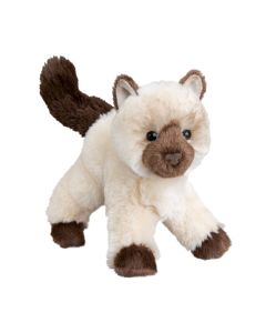 Kleine stehende Kuscheltier Katze Hilda von Douglas Cuddle Toys im Design einer Himalayakatze mit cremefarbenem Plüschfell und brauner Färbung im Gesicht, an Pfoten und Schwanz.