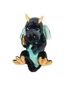 Kleiner Kuscheltier Drache in dunklem Blau mit goldenen Details.
