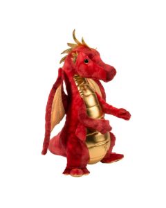 Roter Stofftier Drache  Eugene  von Douglas Cuddle Toys mit goldenen Details an Flügeln, Bauch und Kamm.