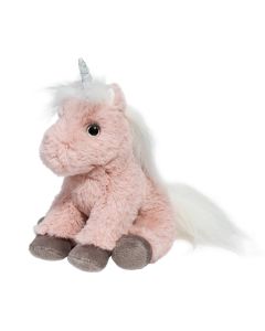 Sitzendes kleines Kuscheltier Einhorn in Rosa mit weißer Mähne und Schweif und glitzerndem Horn.