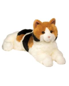 Kuscheltier Schildpatt Calico Katze von Douglas Cuddle Toys mit dreifarbigem Fell in Weiß, Braun und Schwarz. In liegender Pose 59 cm groß gemessen mit Schwanz.
