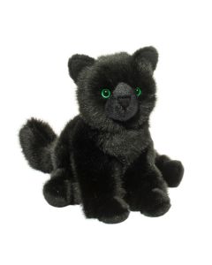 Kuscheltier Katze schwarz mit grünen Augen in sitzender Pose.