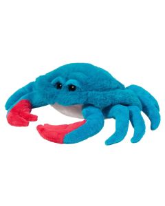 Kuscheltier Krabbe aus blauem Plüschfell mit roten Scheren und weißem Bauch, mit großen dunklen Augen.