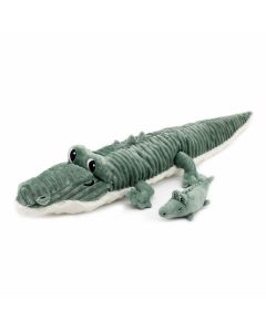 Krokodil Kuscheltier von Les Déglingos, süß im Aussehen, mit kleinem Krododil-Baby, aus weichem Cord und Plüsch.