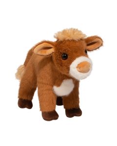 Stehende Kuscheltier Kuh Belle von Douglas Cuddle Toys mit braunem Plüschfell mit weißen Abzeichen im Gesicht und auf der Brust.