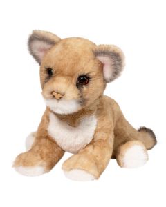 Kuscheltier Puma Junges mit hellbraunem Fell und weißen Aktzenten an Brust und Ohren, liegende Pose.