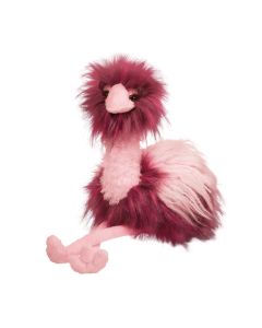 Kuscheltier Vogel Strauß mit Plüsch-Gefieder in der Farbkombi Rosa und Pink. Augen mit langen Wimpern, sitzende Pose und Schlenkerbeine, die übereinander gekreuzt sind.
