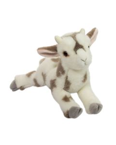 Kuscheltier Ziege Gisele von Douglas Cuddle Toys mit weißem Plüschfell und grau-braunen Flecken, liegende Pose.