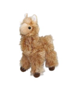 Kleines Kuscheltier Lama Lexi im hellen Braun, wuscheliges Fell, sieht aus wie ein Alpaka.