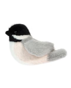 Kuscheltier Vogel Meise mit schwarzem Kopf und Plüschgefieder in Grau und Beige.