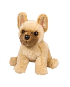 Kuscheltier Französische in sitzender Pose mit beigefarbenem Plüschfell und einer braunen Gesichtsmaske.