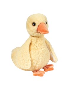 Großes Kuscheltier Entenküken aus gelbem Plüsch mit Schnabel und Füßen in Orange.
