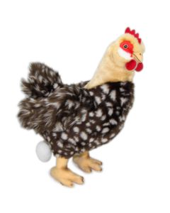 Kuscheltier Huhn Henne mit Ei am Faden am Hinterteil,  braun weiß geflecktes Plüschgefieder und gelber Kopf,  Kamm, Kehllappen und Augenpartie sind rot.