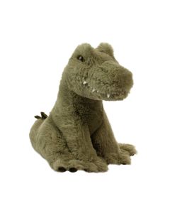 Kuscheltier Krokodil Rex von Douglas Cuddle Toys in aufrecht sitzender Pose mit hervorblitzenden weißen Stoff-Zähen, aus grünem Plüsch.
