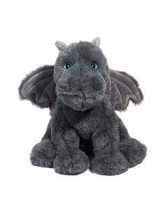 Sitzender Stofftier Drache aus grauem Plüsch im niedlichen kindgerechten Design.