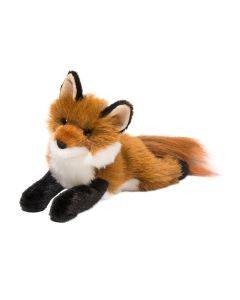 Kuscheltier Fuchs Amber von Douglas Cuddle Toys in liegender Pose mit rotbraunem Fell, weißer Brust und schwarz umrandeten Ohren sowie schwarzen Beinen.