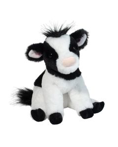 Schwarz-weiße Plüschtier Kuh im kindgerechten und realitätsnahem Design in sitzender Körperhaltung.