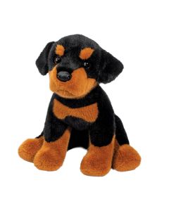 Sitzender Plüschtier Rottweiler Hund Ed von Douglas Cuddle Toys Hund in der Farbkombi Schwarz und Braun.