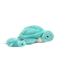 Kuscheltier Schildkröte mit Baby in Aqua, ein leuchtender Farbton zwischen Grün und Blau, der aus als Türkis beschrieben werden könnte.