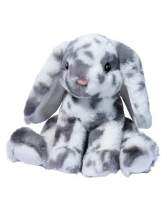 Sitzender Plüschtier Hase mit Schlappohren und grau-weiß geflecktem Plüschfell