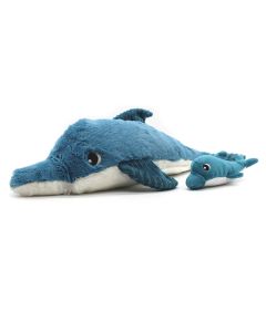 Kuscheltier Delfin mit kleinem Baby-Delfin, beide in der Farbkombi Blau und Weiß