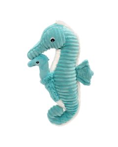 Kuscheltier Seepferdchen in der Farbe Aqua aus weichem Cord mit einem Baby-Seepferdchen im Beutel