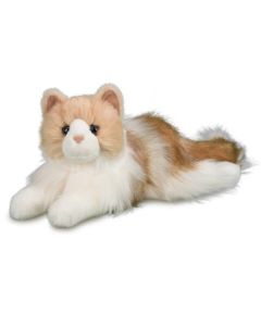 Weiche liegende Kuscheltier Katze Kiki von Douglas Cuddle Toys mit längerem Fell in der Farbkombi Weiß, Creme und Braun.