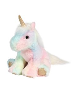 Kuscheltier Regenbogen-Einhorn Kylie von Douglas Cuddle Toys in sanften Pastelltönen mit goldenem Horn in sitzender Haltung.