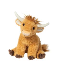 Sitzendes Stofftier Schottisches Hochlandrind aus braunem Plüsch.