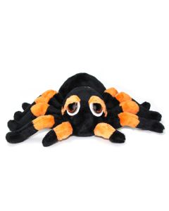 Kuscheltier Spinne Spindra von Suki mit Glubschaugen, schwarzer Plüsch mit orange-farbenen Details.