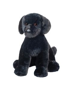 Großer Schwarzer Plüschtier Labrador Hund in sitzender Pose. 