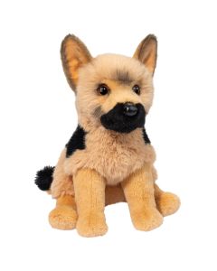 Sitzender Stofftier Hund der Hunderasse Deutscher Schäferhund im naturgetreuen Design mit schwarz-braunem Fell.