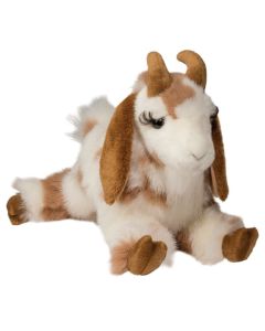 Plüschtier Ziege Brady von Douglas Cuddle Toys ligend mit weiß-braunem Fell, Augen mit langen Wimpern.