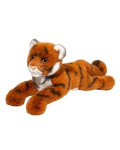 Plüschtier Tiger in liegender Pose mit braunem Fell mit dunklen Streifen sowie weißen Details