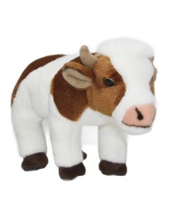 Braun-weiße Kuscheltier Kuh mit muhender Stimme, 29 cm lang, stehend.